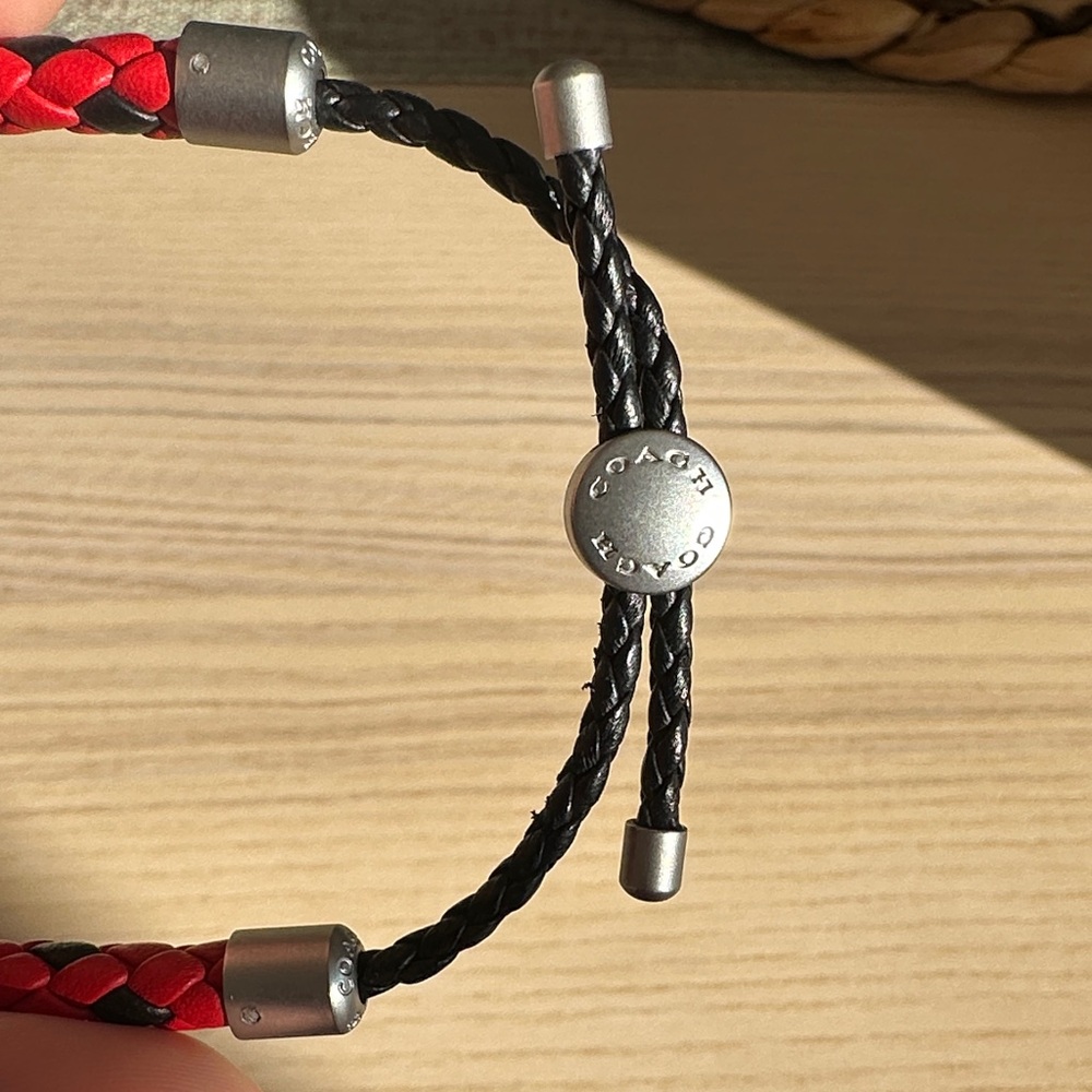 NWOT Coach Adjustable Red and Black Leather Braided Bracelet - Picture 3 of 6
